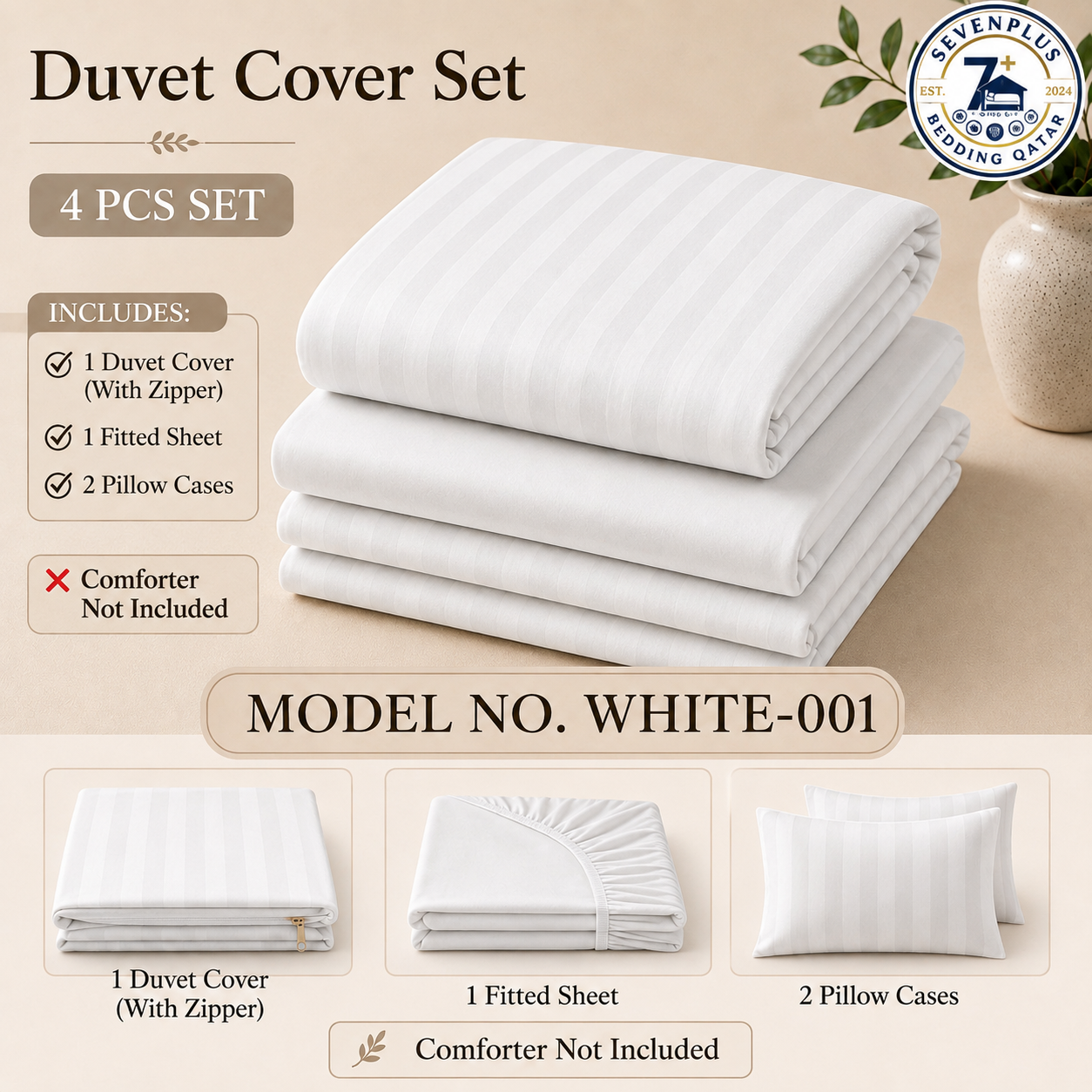Premium White Stripe Queen Duvet Cover Set – 4 PCS| طقم غطاء لحاف أبيض مخطط فاخر مقاس كوين – 4 قطع