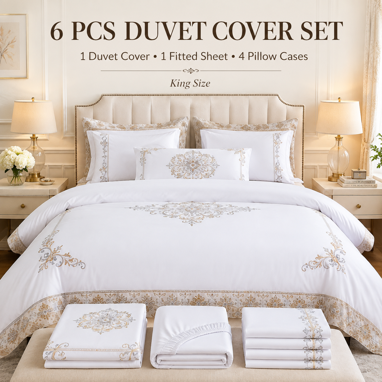 Premium Embroidered Duvet Cover Set 6 PCS – White Collection طقم غطاء لحاف مطرز فاخر 6 قطع – المجموعة البيضاء