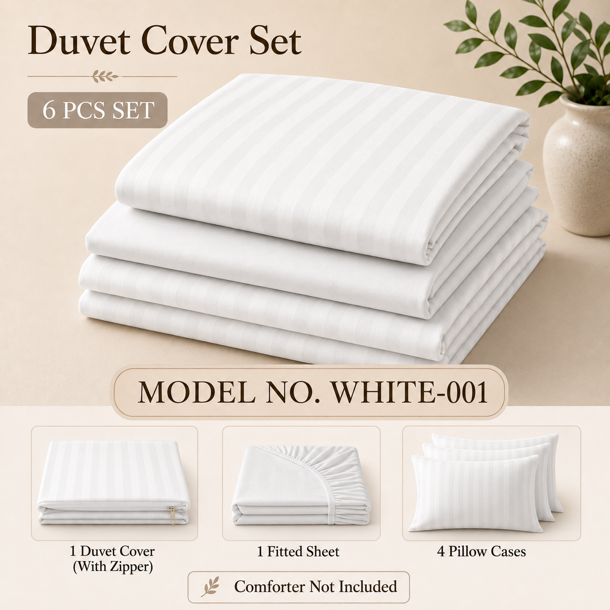 Premium White Stripe Duvet Cover Set 6 PCS in Qatar – Model WHITE-001 Super king size