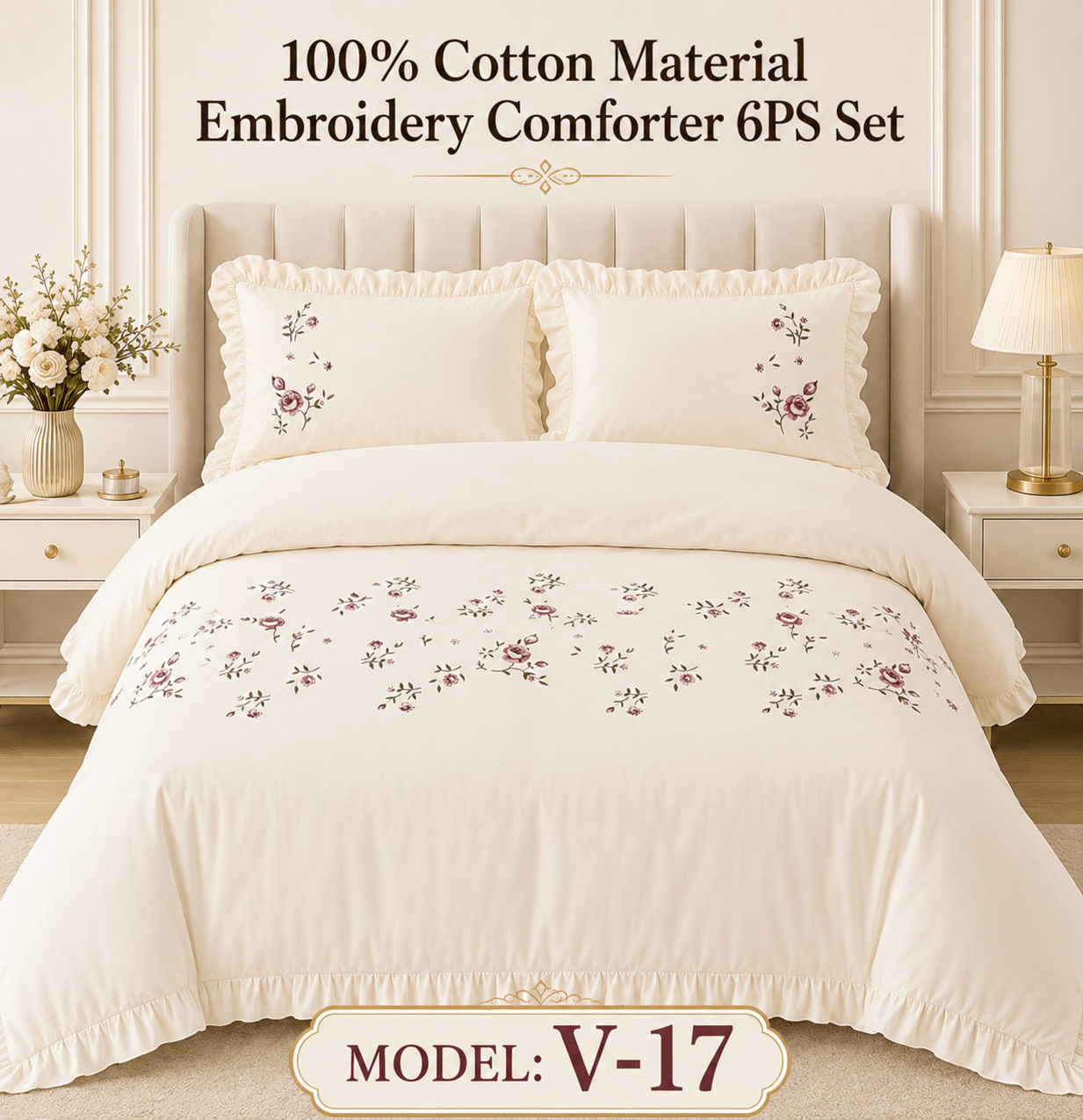 100% Cotton Embroidery Comforter 6PCS Set – Premium Luxury Bedding